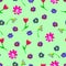 Seamless watercolor pattern. Colourful eggs and flowersÂ on green background.